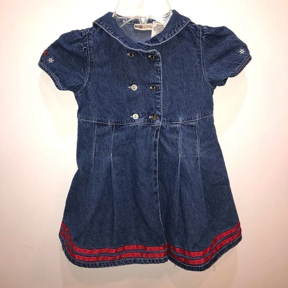Vintage Faded Glory Girl Toddler Sz 4T Blue Denim Jean Sailor Dress 4th July USA